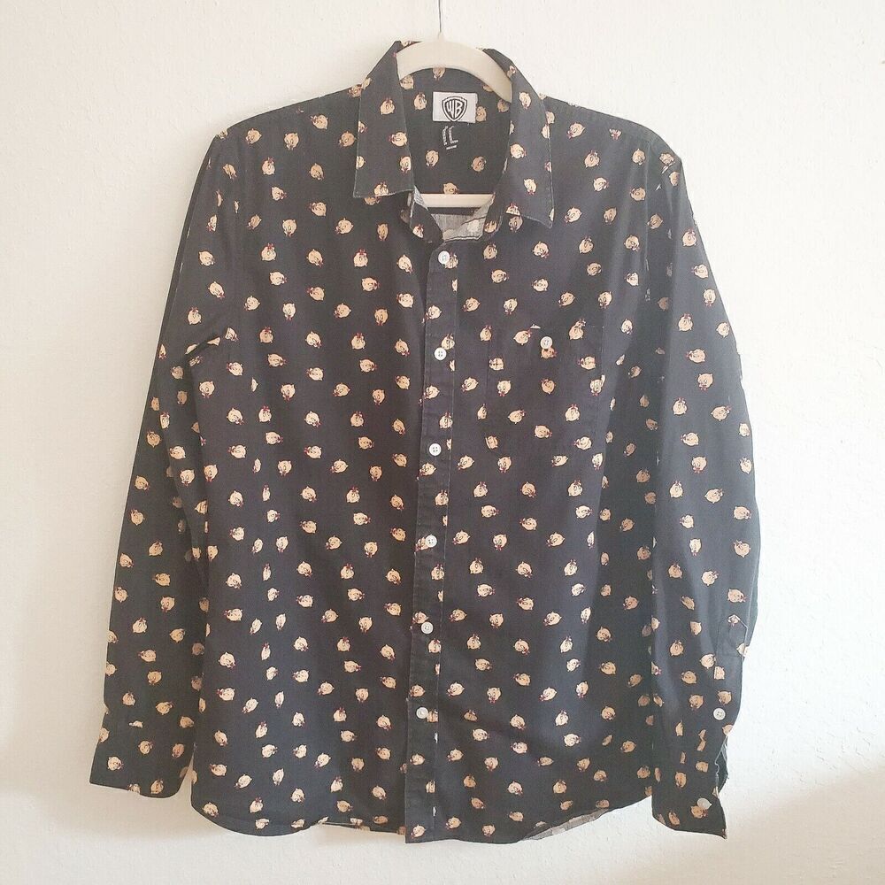 Vintage Warner Bros. Looney Tunes Porky Pig Men's Button Up Long Sleeve Shirt XS